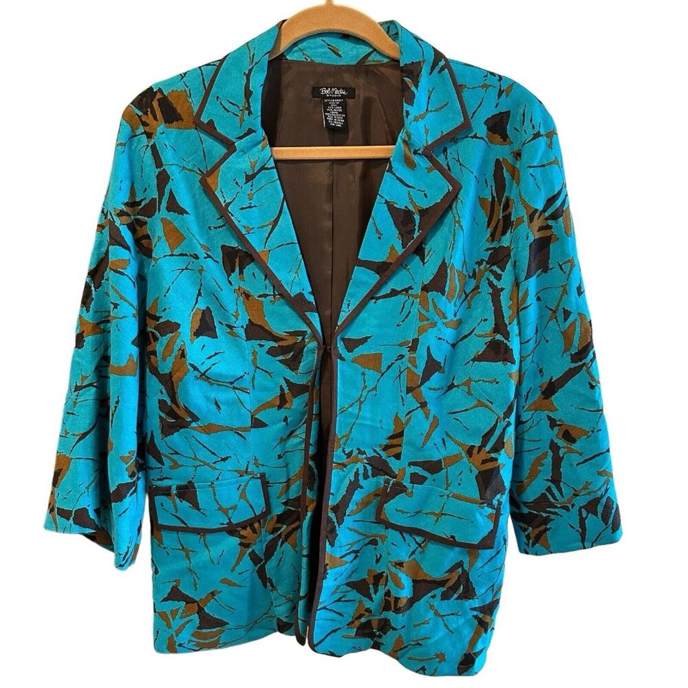 Bob Mackie Linen Blend Blazer Jacket Open Front Blue Abstract Artzy